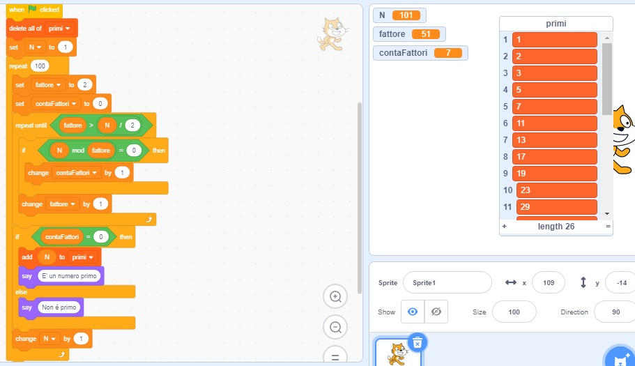 Numeri primi da 1 a 100 con Scratch